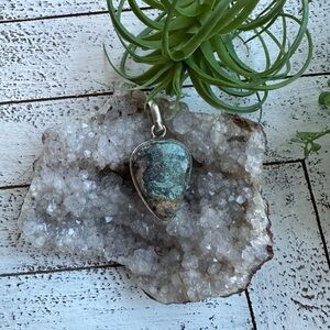 Blue Chrysocolla Gemstone Teardrop Pendant Sterling Silver Plated.